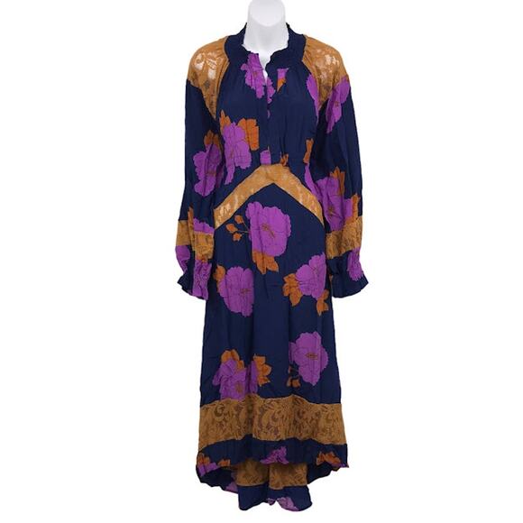 Dodo Bar Or Renne Maxi Dress 8 Floral Lace Smocked Long Sleeve Silk Crepe Boho - Picture 1 of 9